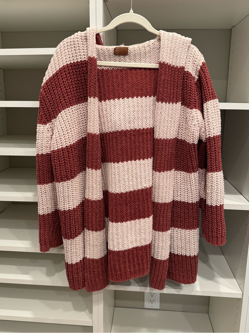 POL Chunky Knit Hooded Rust & Cream Stripe Cardigan, Size M
